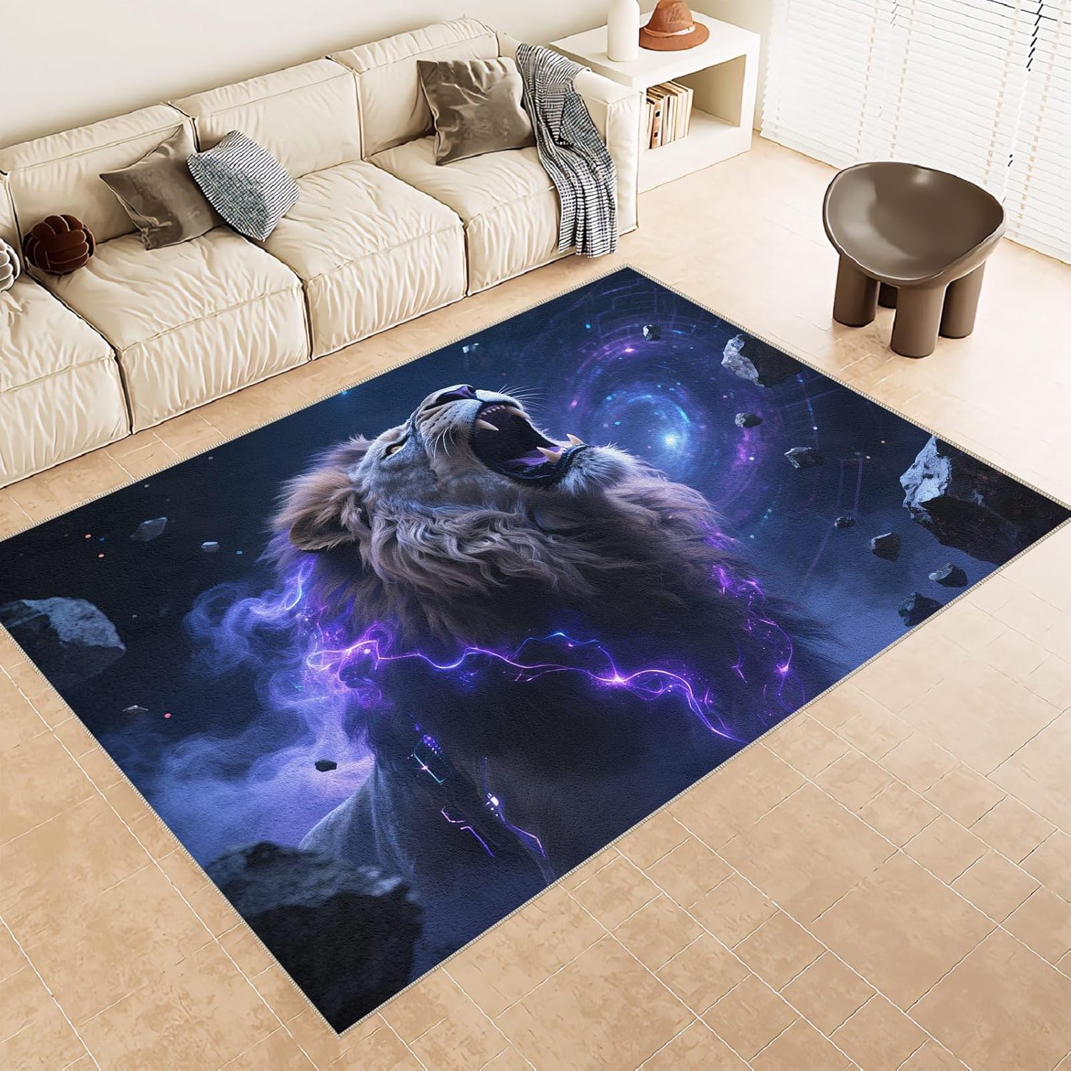 Lion 8x10 Area Rugs Animal Area Rug, Ultra Soft Faux Wool Retro Rugs for Bedroom, Dining Room, Non Slip&Non-Shedding Low Pile Print Rug Indoor Large Carpets for Home Office Decor