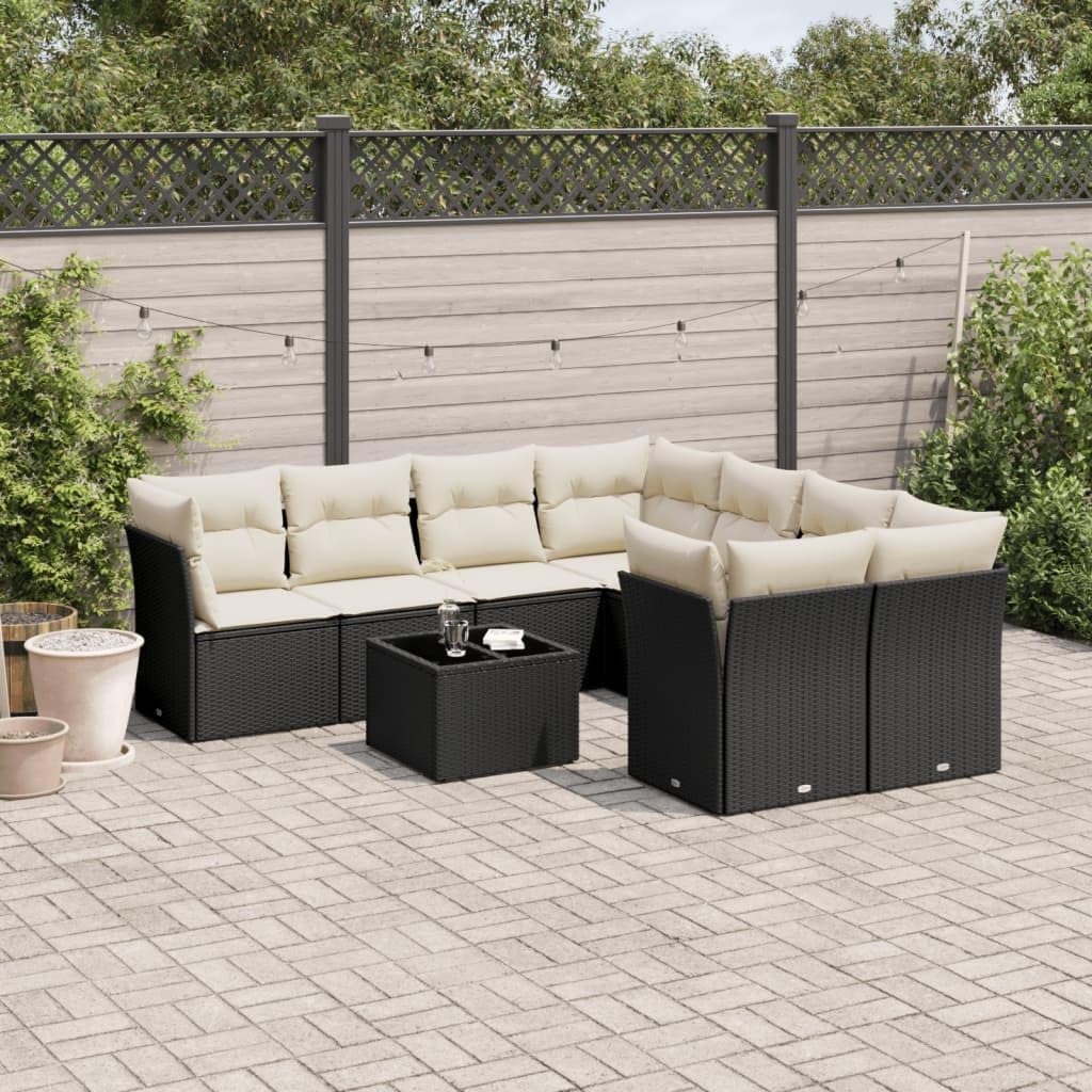 9 Piece Garden Sofa Set Black with Cream Cushions, Modular Outdoor Furniture Set with Hidden Storage, Weather-Resistant Poly Rattan and Steel Frame for Patio, Balcony, Terrace