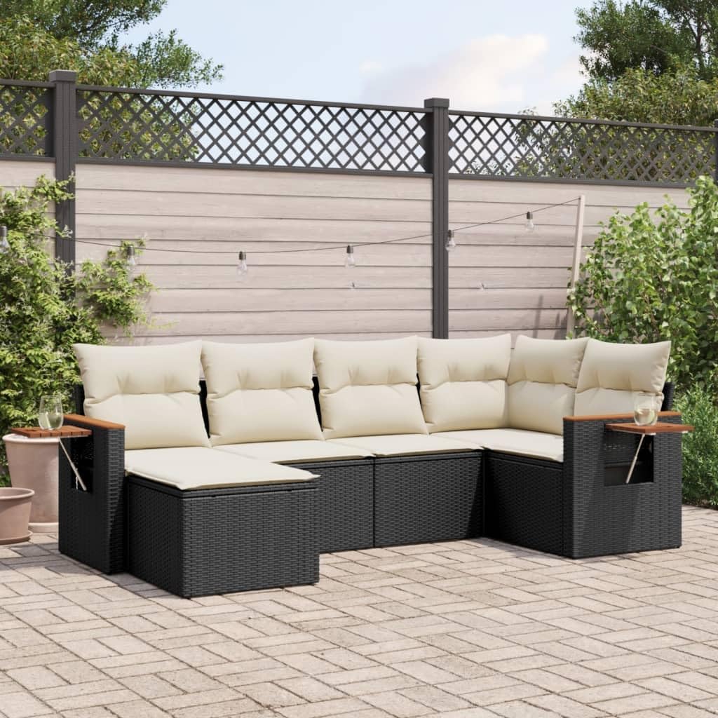 6-Piece Modular Garden Sofa Set, Black Poly Rattan, Cream Cushions, UV Resistant Patio Furniture for Outdoor Balcony