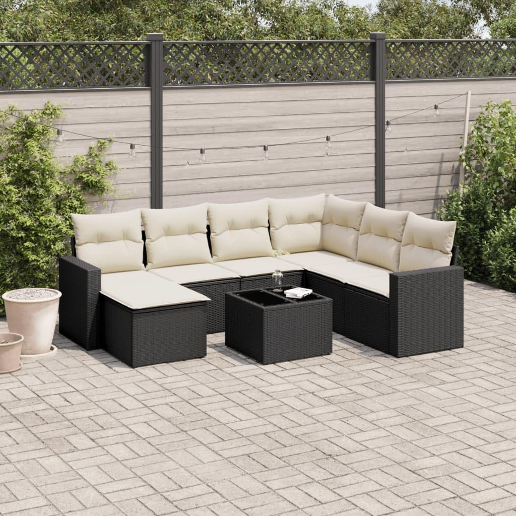 8-Piece Garden Sofa Set, Black PE Rattan, Cream White Cushions, Modular Outdoor Patio Furniture for Balcony, Terrace, Sunroom