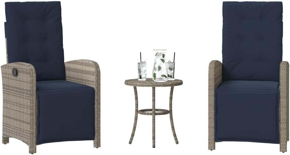 3 Piece Bistro Set with Cushions Gray Poly Rattan, Patio Furniture Sets, Outdoor Furniture