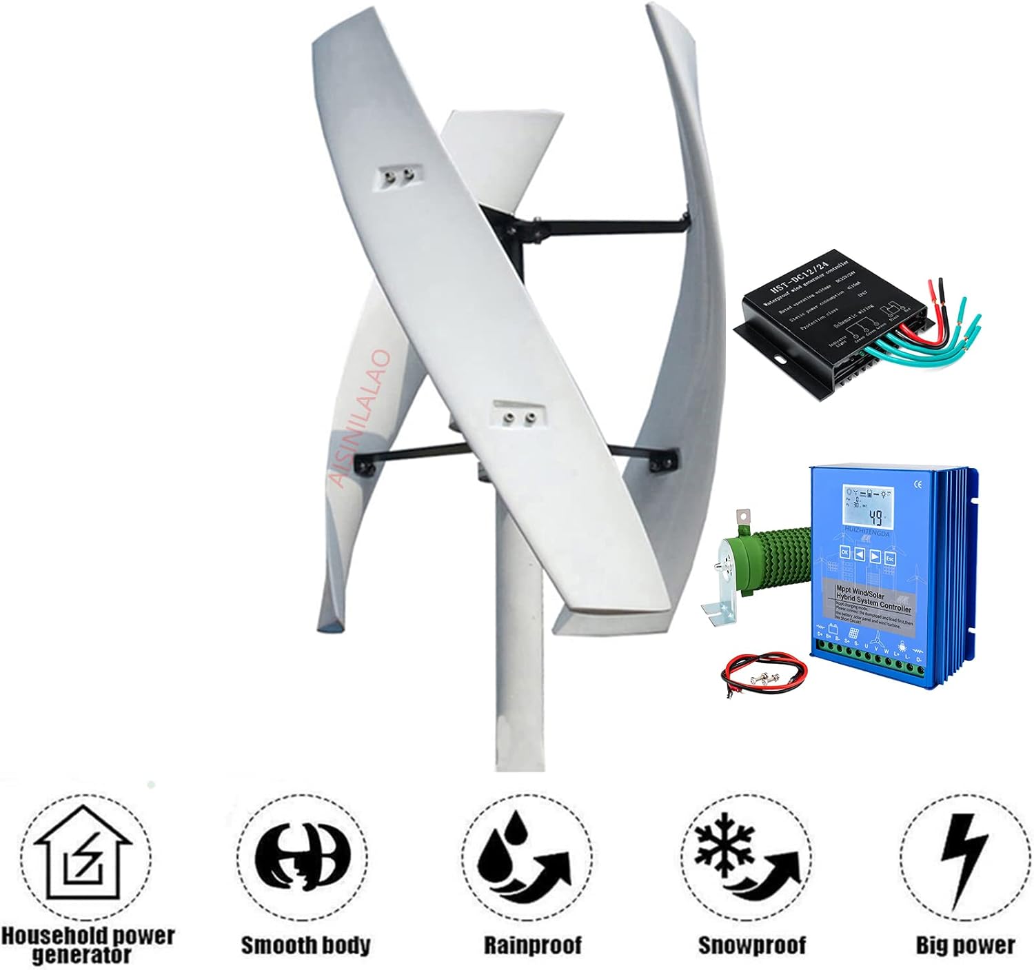 2000W 12V/24V/48V Vertical Wind Turbine Generator with MPPT Controller Low Wind Start Low Noise 3 Blade for Boats Or Mobile Houses Charging(White)