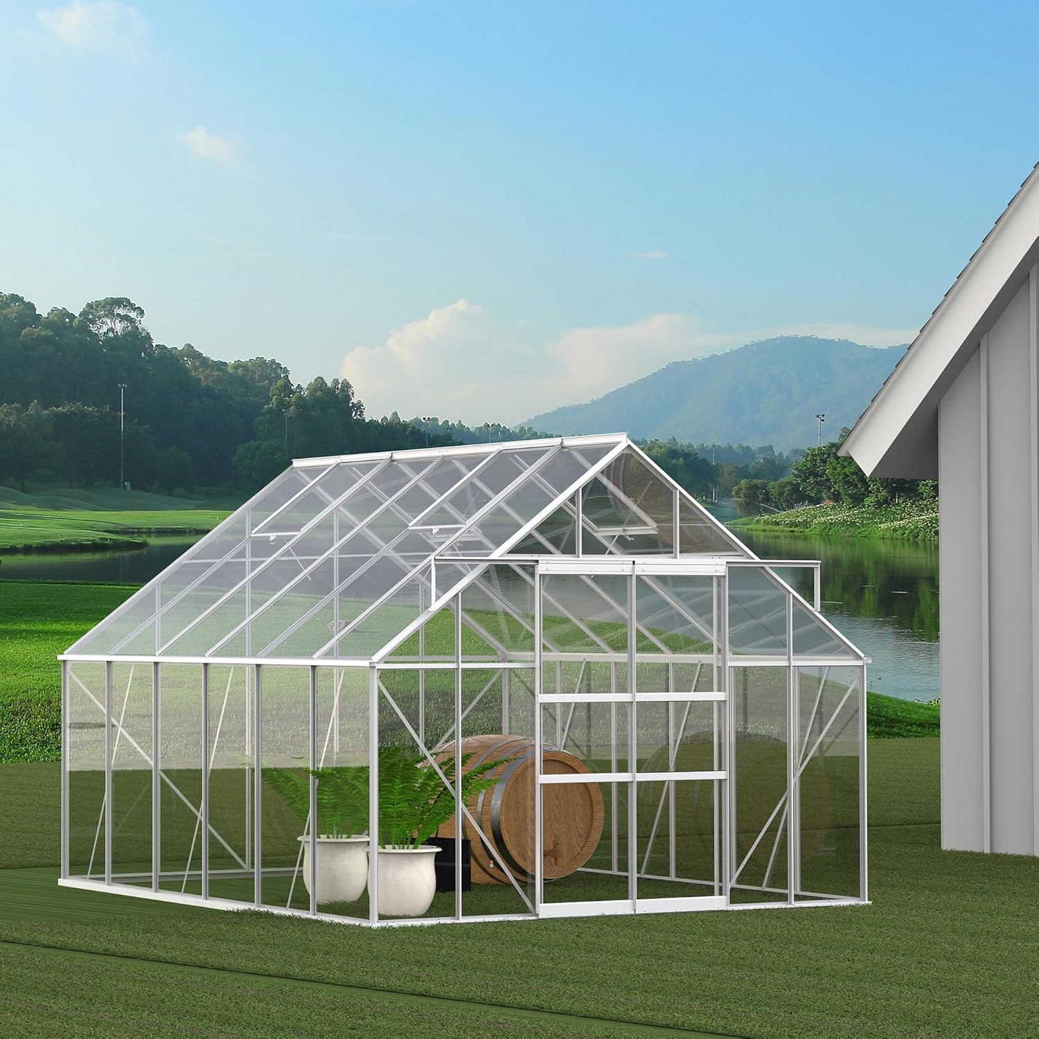 Generic 10' W x 12' D Walk in Polycarbonate Greenhouse with Roof Vent,Sliding Doors,Aluminum Hobby Hot House for Outdoor Garden Backyard VK839, Silver