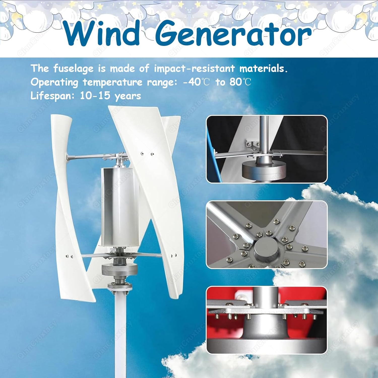 Vertical Magnetic Levitation Wind Turbine,3-Blade Turbine with Auxiliary Wind Wheel & Controller,360° Automatic Wind Direction Adaptation,for Home,Cabin,Gazebo Energy Multi-300W