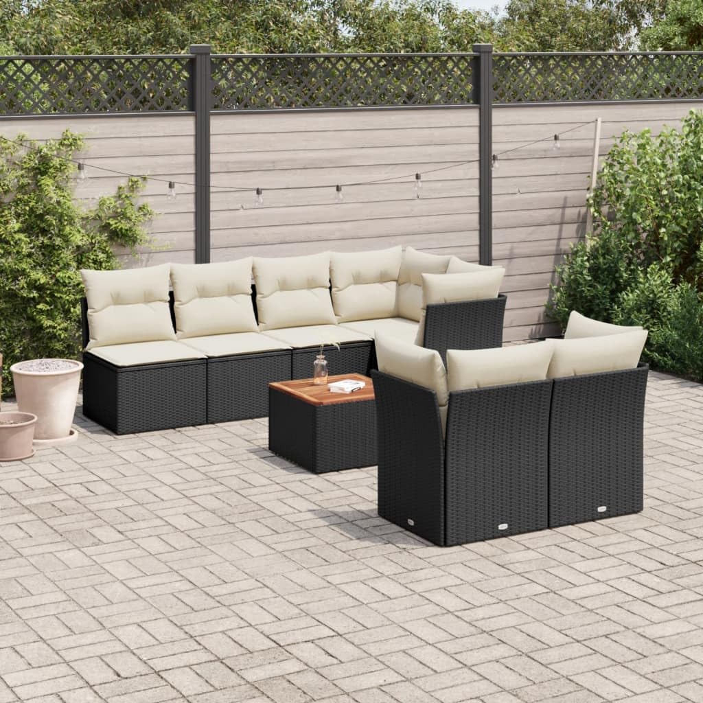 8-Piece Garden Sofa Set, Black Poly Rattan Outdoor Patio Furniture Set with Cream Cushions, Modular Seating for 7 People, Weather-Resistant