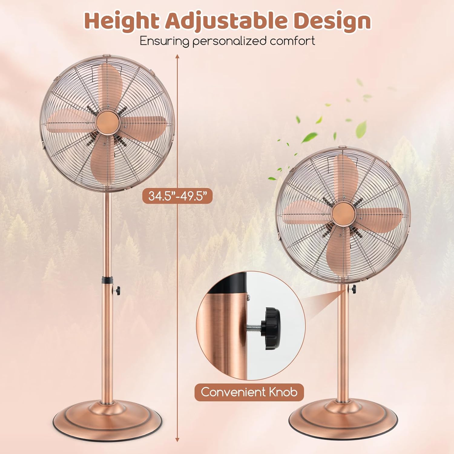 Tangkula 16-Inch Metal Pedestal Fan, Industrial Metal Standing Fan with Adjustable Height, 3 Speeds, 75° Oscillation & 20° Head Tilt, Floor Fan with Weighted Base for Living Room Office (Copper)