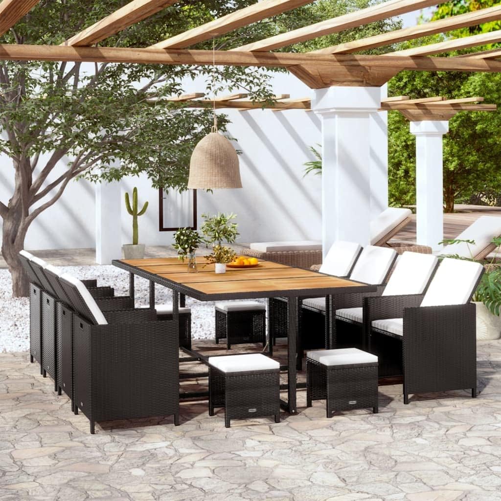13-Piece Outdoor Dining Set, Black PE Rattan, Cream White Cushions, Acacia Wood Table, Spacious Seating for 12, Weather-Resistant Patio Furniture