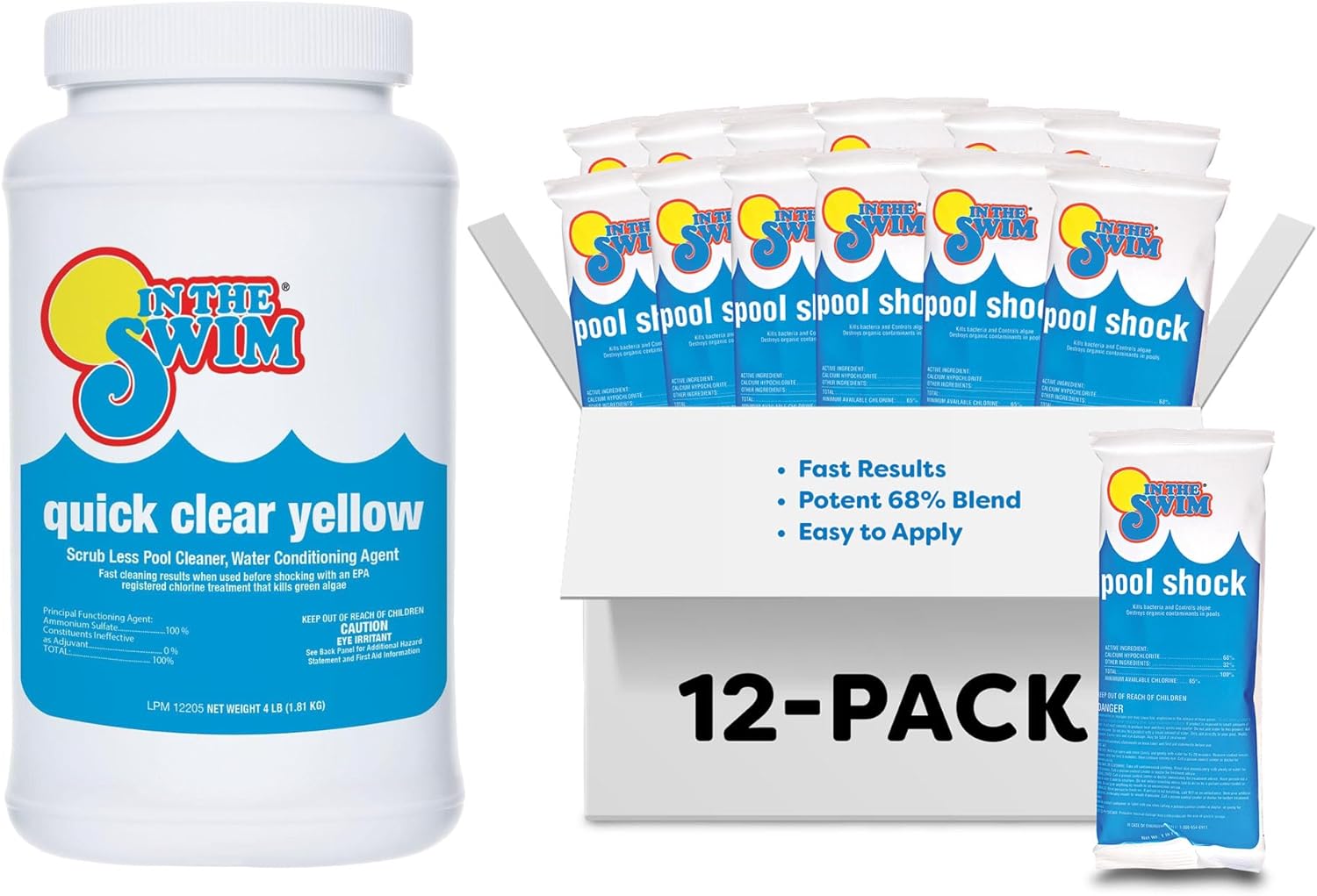 In The Swim Yellow Algae Treatment Kit – 4 Lb Quick Clear Yellow + 12 x 1 Lb Cal Hypo Pool Shock – 2-Step Solution for Mustard Algae Removal and Crystal-Clear Water
