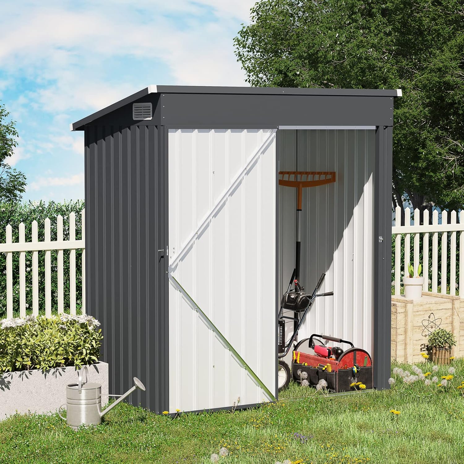 OC Orange-Casual 5 x 3 FT Outdoor Storage Shed, Metal Garden Tool Shed, Outside Sheds & Outdoor Storage Galvanized Steel w/Lockable Door for Backyard, Patio, Lawn, Black