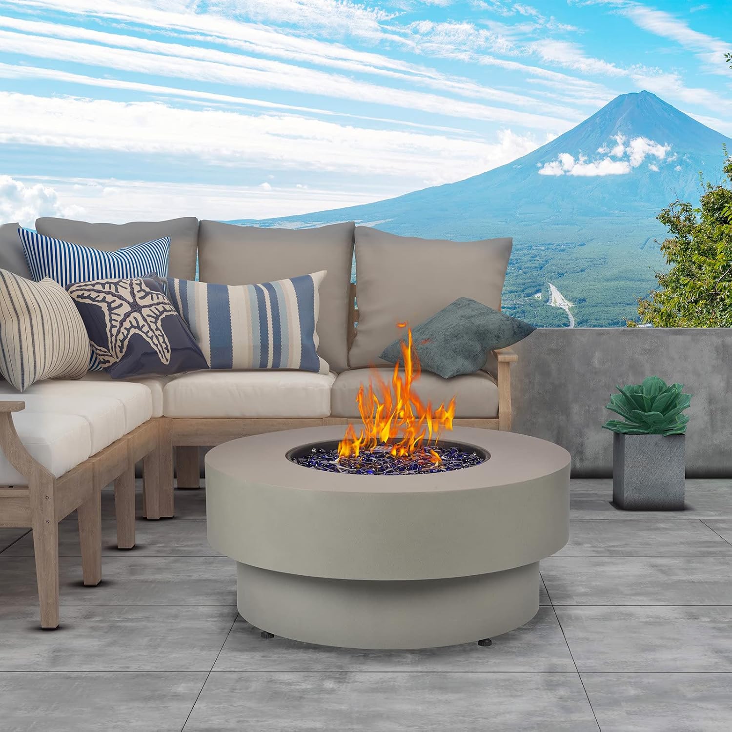 Propane Outdoor Fire Pit Table, Flint & Concrete Look 32.5-inch Round Patio Propane Fire Table 50,000 BTU w/Lid, Glass Rocks, Cover, Pre-Attached 10ft Hose