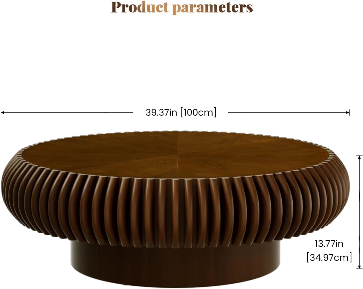 Handcrafted Solid Wood Round Grooved Coffee Table Modern Curved Fluted Drum Center Table Stylish Focal Point for Contemporary Living Room (C Walnut 100cm)