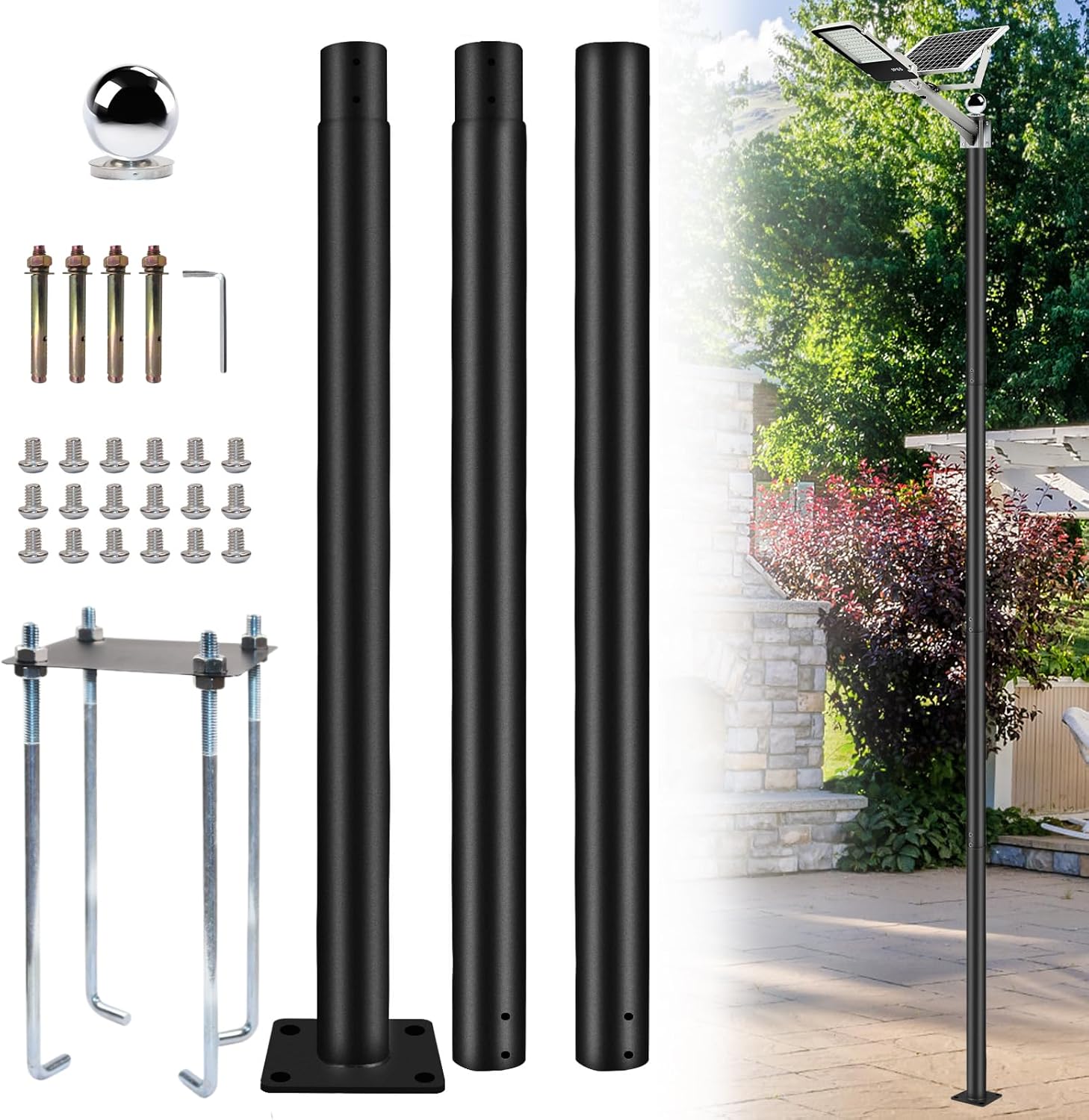 KAXIWEI Street Light Pole, Galvanized Heavy-Duty Metal Solar Street Lamp Post for Outdoor Adjustable Street Courtyard Porch Exterior Patio Flag Lighting Fixtures with Mounting Rebar Cage (10 Ft & 3m)