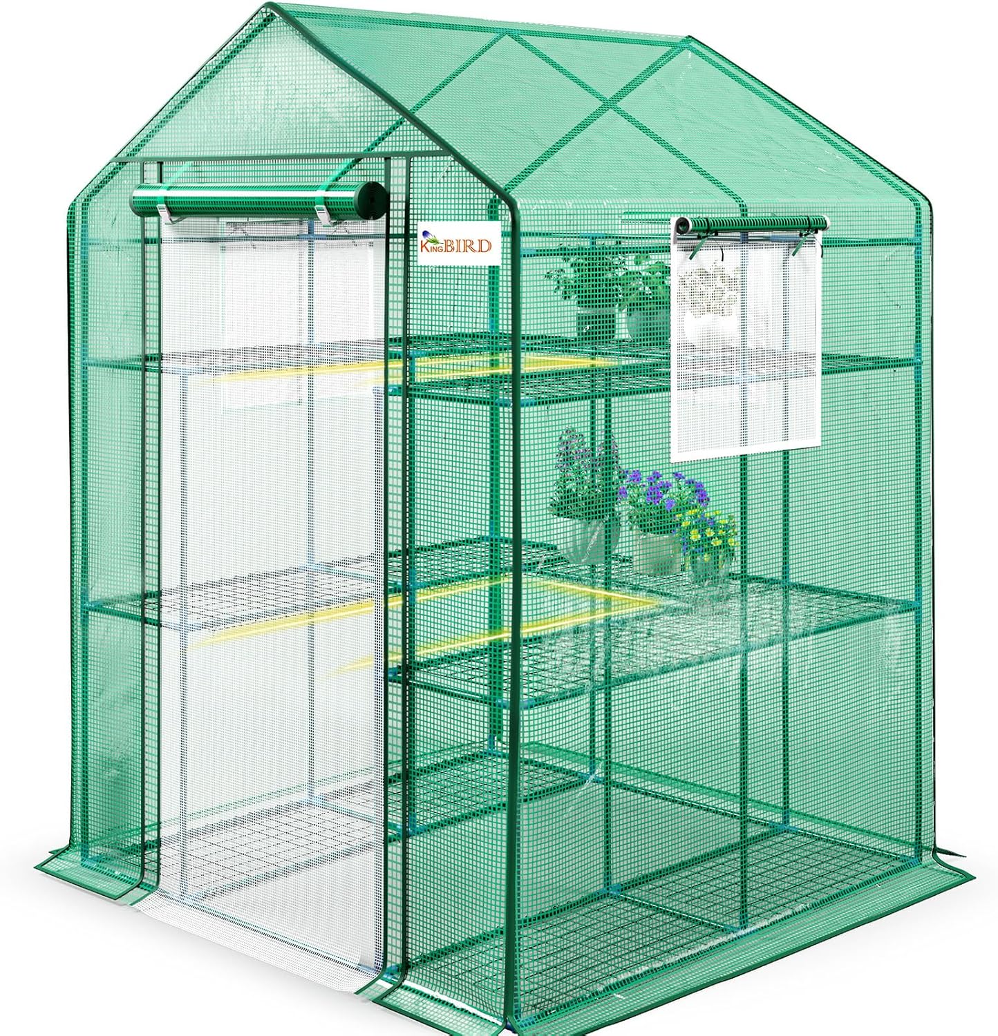 KING BIRD Premium Greenhouse for Outdoors, 56 x 56 x 77 Upgraded PE Cover & Steel Frame Walk in Hot House, w/ Zippered Screen Windows Mesh Door, 3 Tiers 14 Shelves for Outside Garden, Green