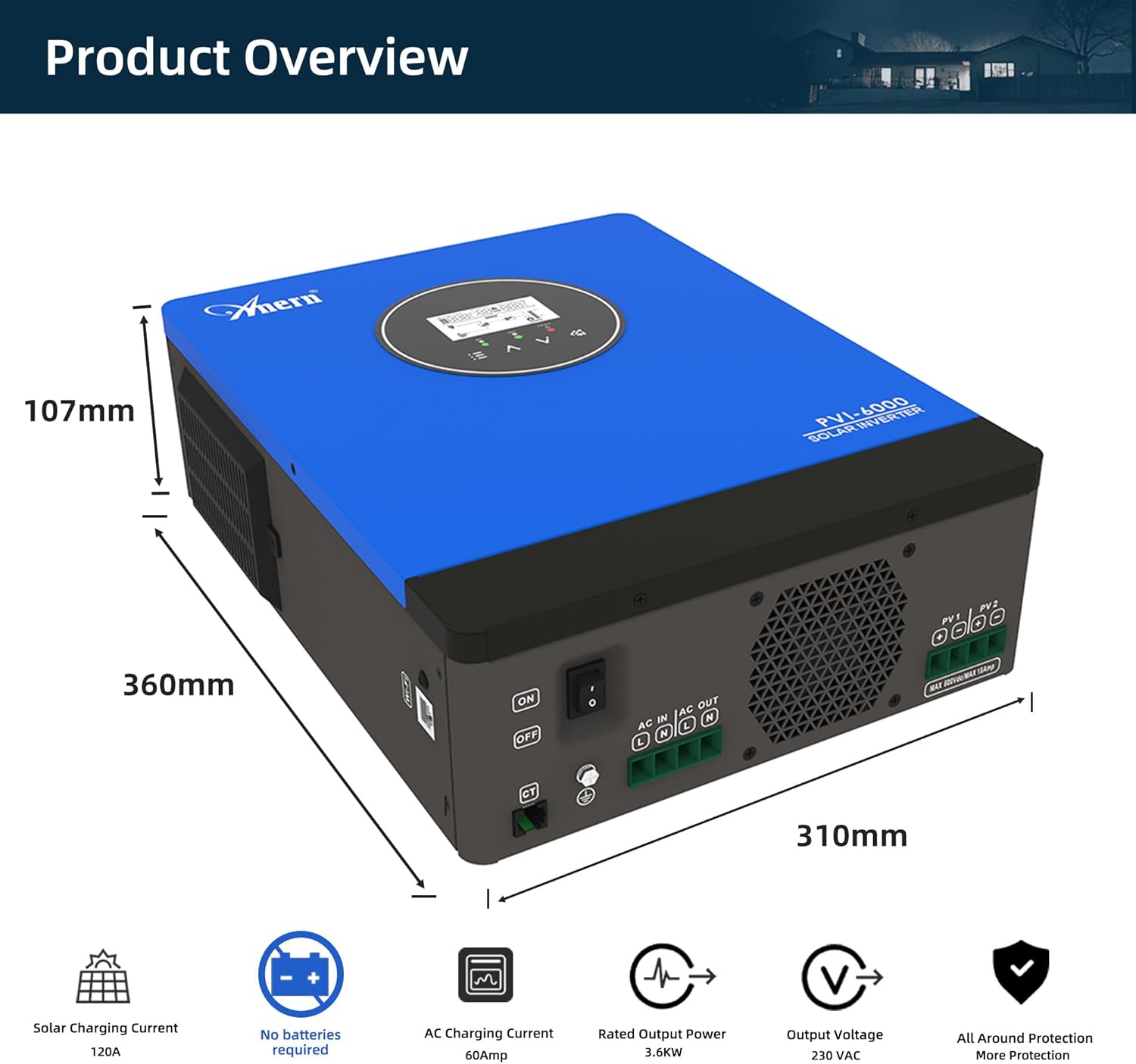 Anern 10KW Solar Inverter 220-230VAC, Pure Sine Wave Inverter with 3 Independent MPPT Solar Charge Controller Max PV 13500W, Battery-Free Design, Support Water Pump & Generator, for Off-Grid System