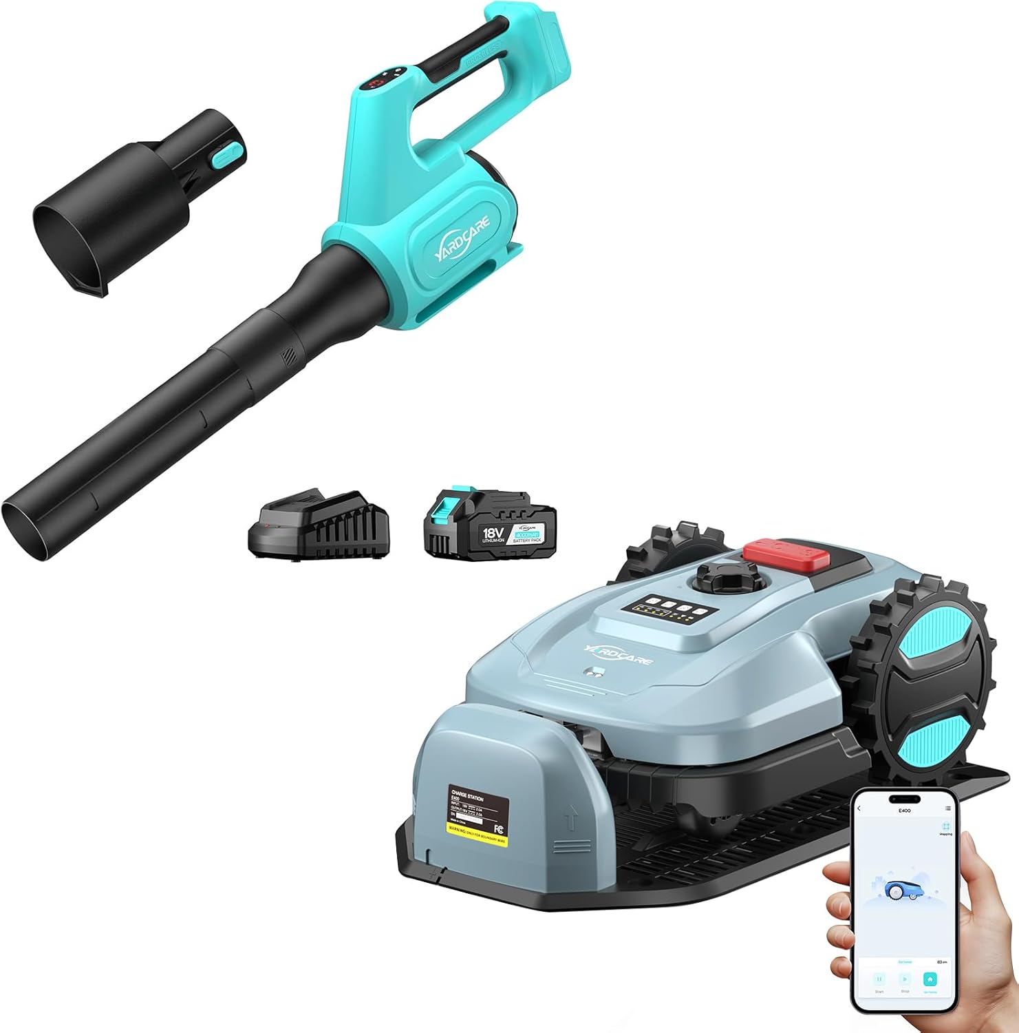 Smart Lawn Mower & Cordless Leaf Blower – App-Controlled Robotic Mower with Auto-Charging & Adjustable Height + 460CFM Blower with LED Display, Turbo Mode & 5-Speed Settings