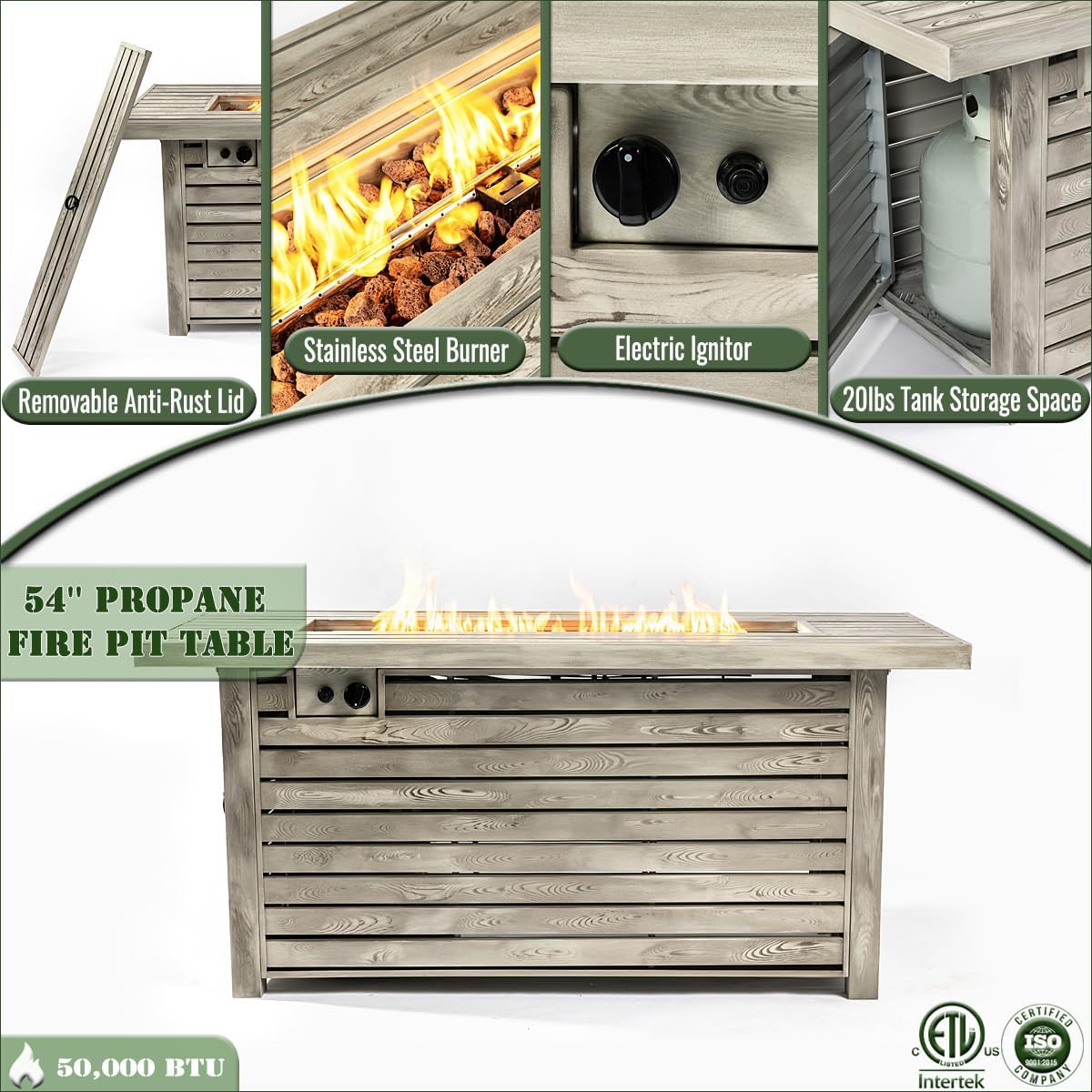 54-inch Rectangular Propane Fire Pit Table, 50,000 BTU Steel Outdoor Gas Fire Pit with Wood Grain Finish & Lava Rocks for Patio, Deck, Garden - Light Beige