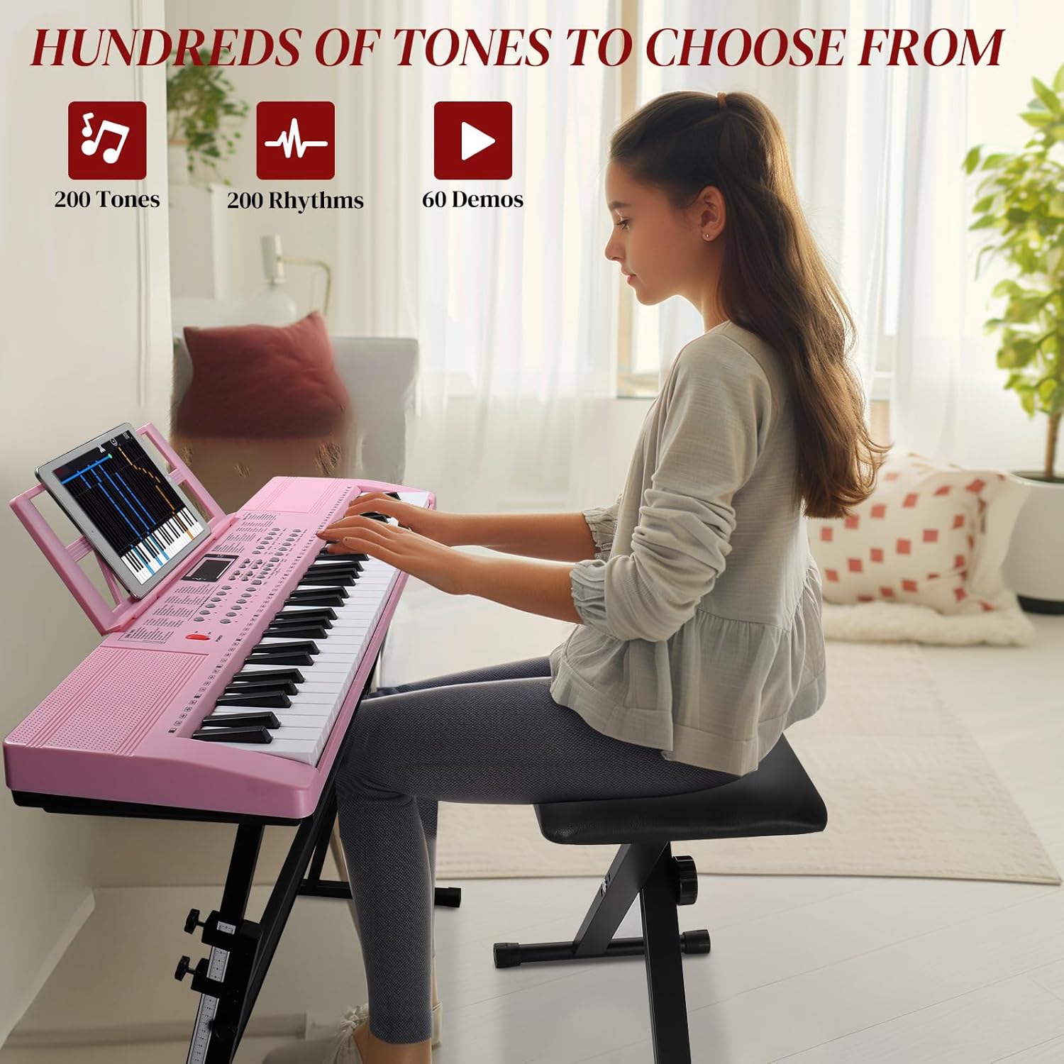 Ktaxon 61 Key Keyboard Piano Electric Keyboard w/Lighted Keys, Electric Piano Set with Headphones, Microphone, Music Rest, Power Adapter, Stand, Piano Bench and Manual (Full-Pink)