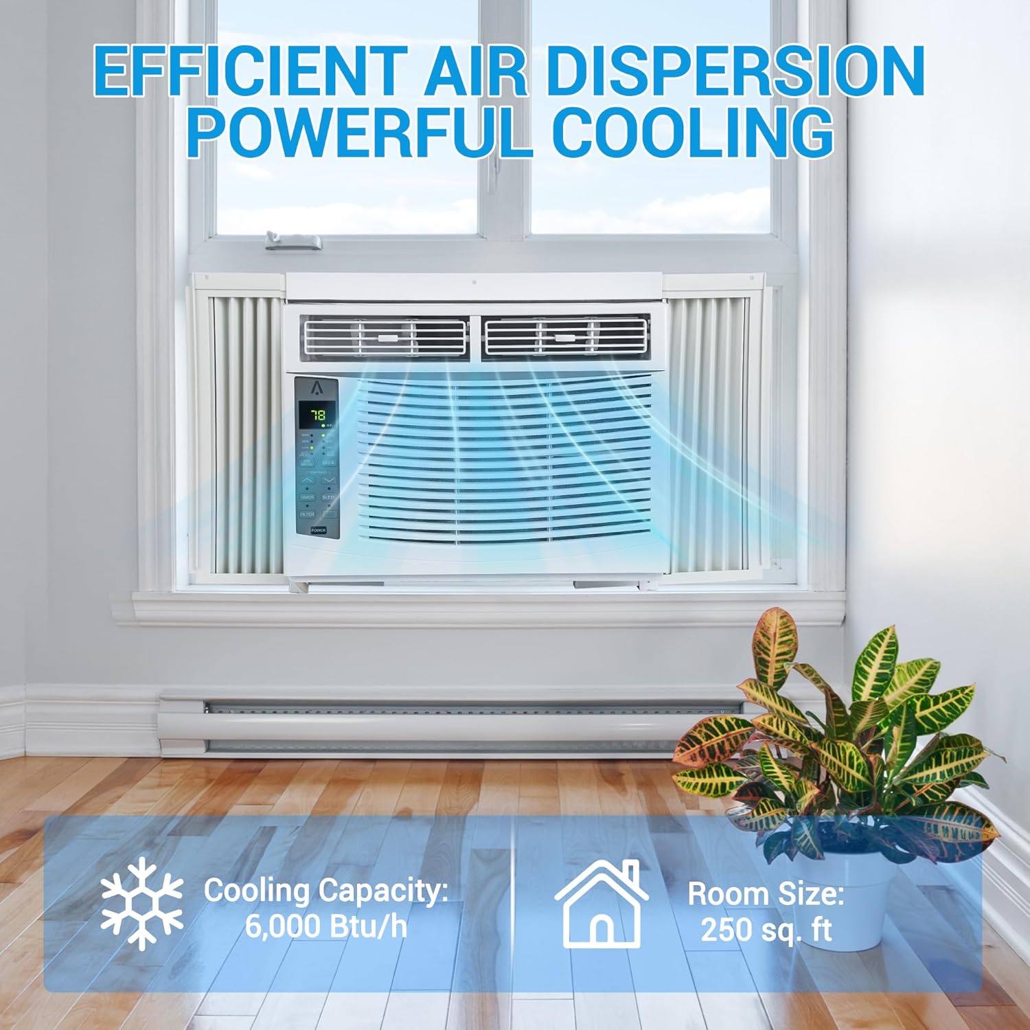 6,000 BTU Window Air Conditioner, Cool Rooms Up to 250 Sq.Ft., Smart Window AC Unit with Remote Control, 3 Fan Mode, Sleep & ECO Mode, Washable Filter, for Bedroom, Apartment, Office, New R32
