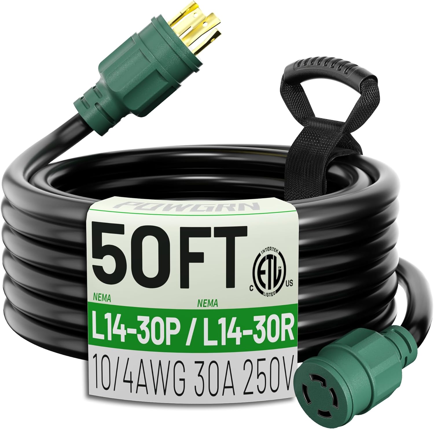 POWGRN 50 FT 30 Amp Generator Extension Cord 4 Prong, Heavy Duty NEMA L14-30P to NEMA L14-30R, 125/250V 7500W, Green 10 Gauge STW Twist Locking House Power Cord, 50 Feet Generator Cable