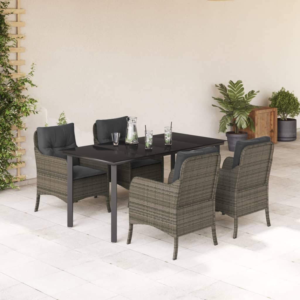 Gray PE Rattan Garden Dining Set, 4-Seater Outdoor Table and Chairs, UV-Resistant Patio Furniture Set with Cushions, Rectangular, Powder-Coated Steel Frame