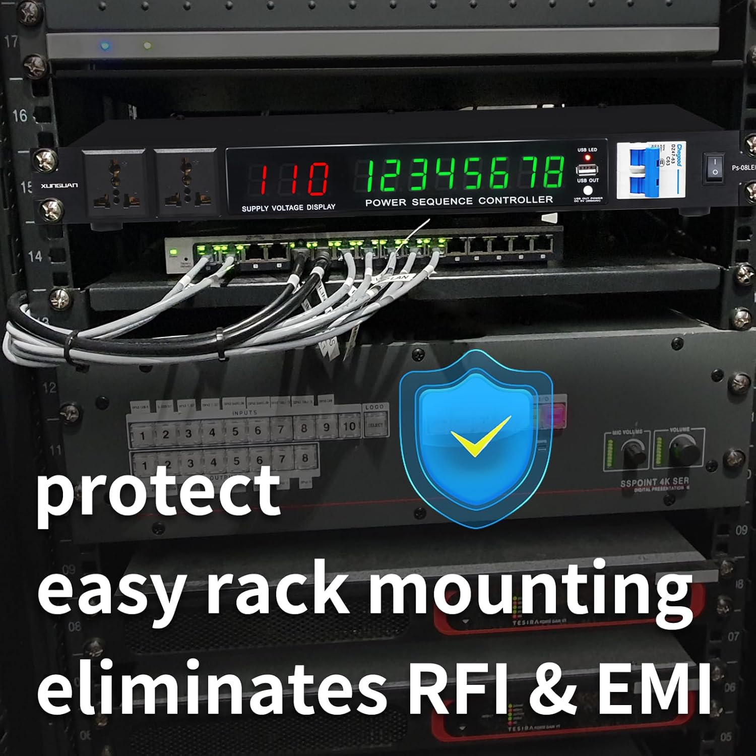LED 10 Outlet Power Sequencer Conditioner, 3000W Rack Mount professional audio digital power controller voltage regulator w/voltage readout, USB, big digital display, home theater stage/studio use