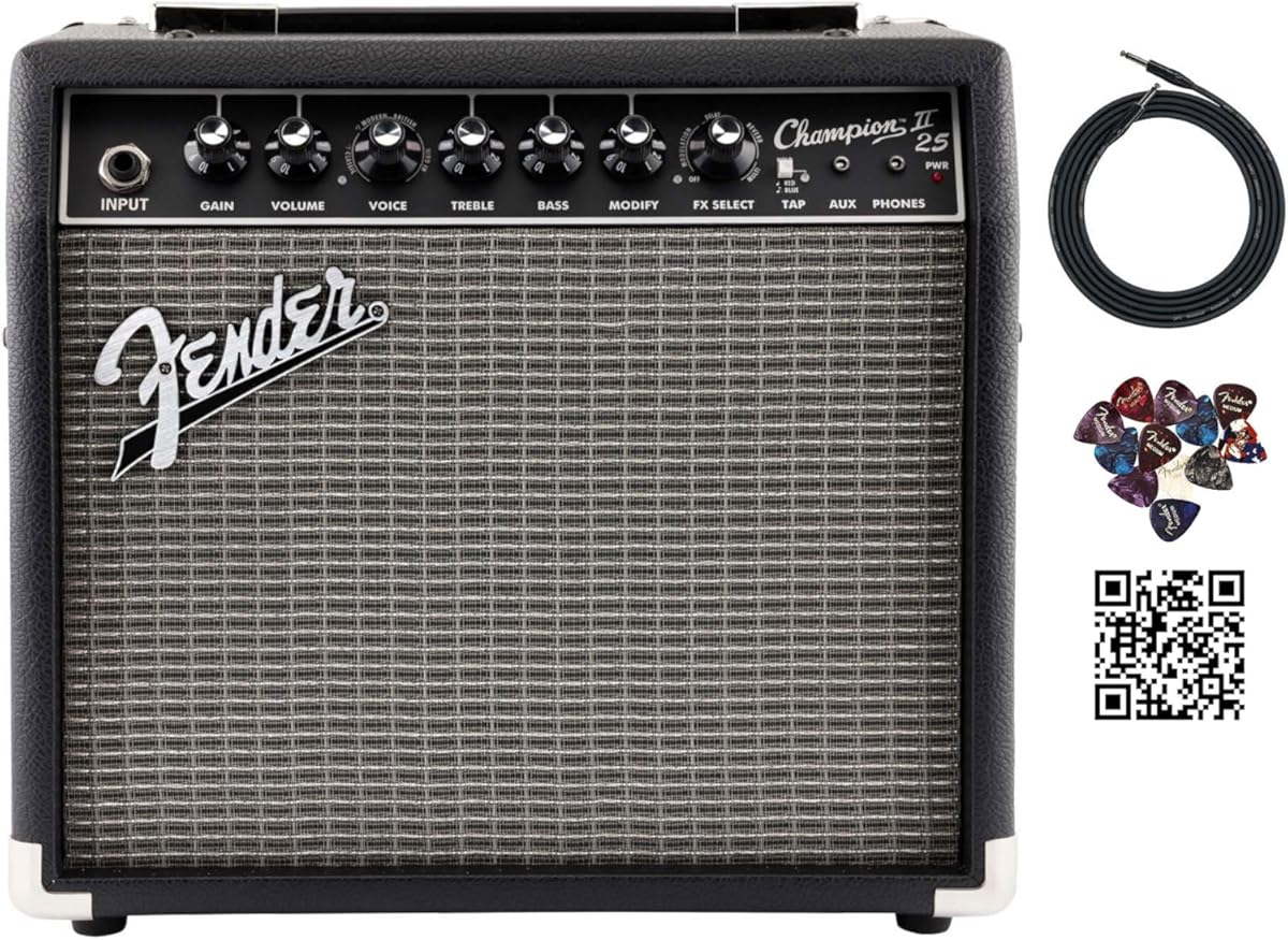 Fender Champion II 25 Watt Guitar Combo Amplifier Bundle with Cable, Austin Bazaar Exclusive 12-Pack Picks, and Instructional Video