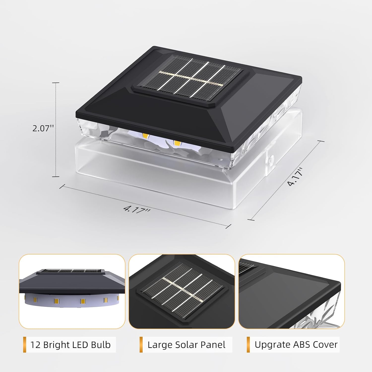 Solar Post Cap Light for 4x4 & 5x5 Deck Posts – 3000K Warm White, IP65, Upgraded High-Efficiency Solar, Auto On/Off at Dusk/Dawn, 12+ Hours Runtime, Fits Vinyl/Wood 3.5
