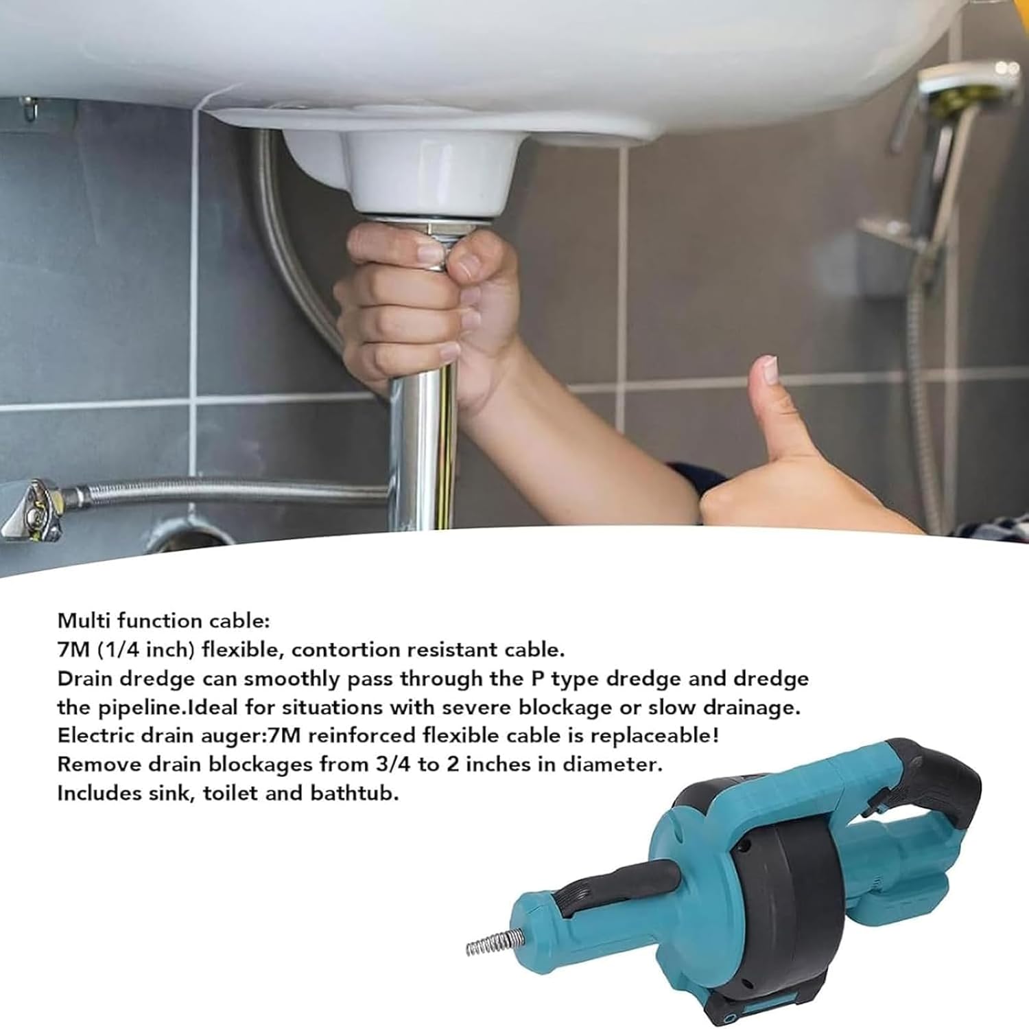 7000mm Drain Cleaning Machine Kit, 610 RPM Electric Pipe Dredging Machine, 6-fold Protection, Wireless and Adjustable Speed, with Forward/Reverse Button, for 3/4-inch - 2-inch Pipes