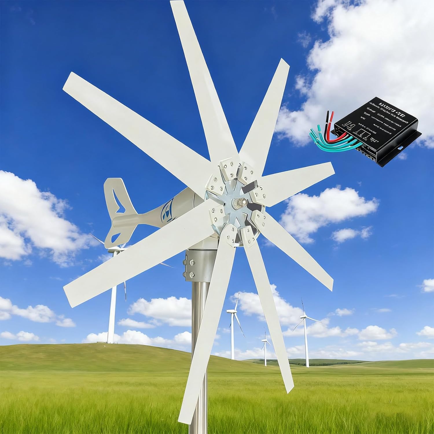 400W 12V /24V/ 48V Wind Turbine Generator Kit, Low Wind Speed ​​8-Blade Horizontal Wind Turbine with MPPT Charging Controller 48V