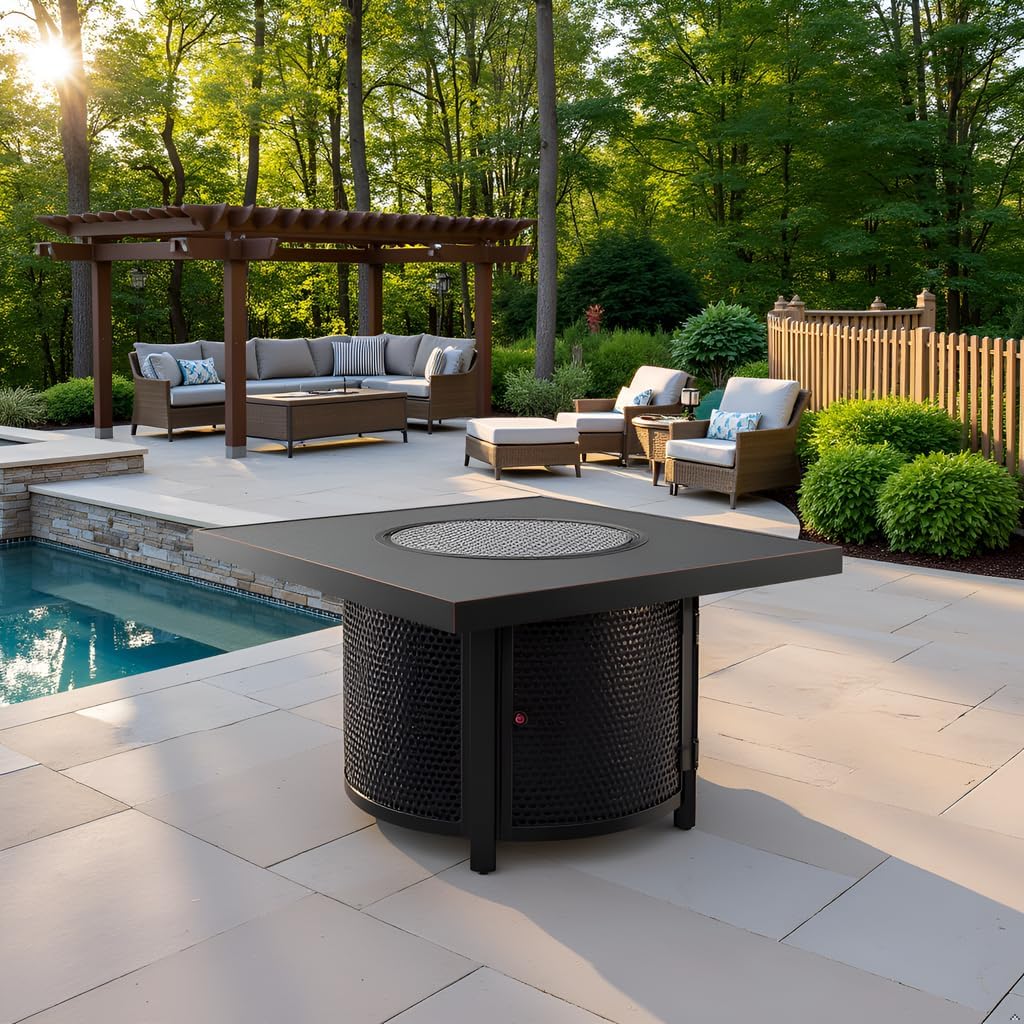 Square LPG/NG Gas Fire Pit Table 55K BTU w/Burner Lid, Cover, Fire Glass #65155