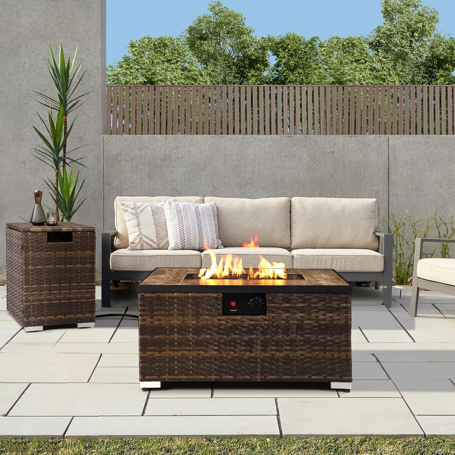 Outdoor Propane Fire Pit Table w/Tank Holder, 2 Piece Handmade Rattan Wicker Firepit Ceramic Tabletop with Steel Lid 40,000 BTU Rectangle Fire Table Set for Patio, Deck, Backyard (Brown)