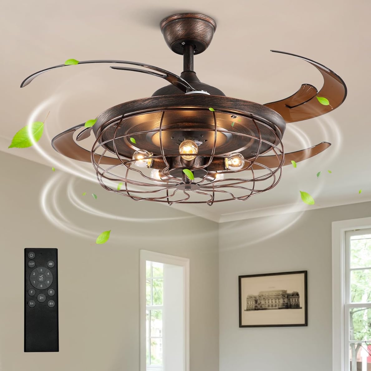 CROSSIO 48 Inches Retractable Caged Ceiling Fan with Lights, Reverse Industrial Rusty Fandelier Fan Chandelier with Remote Control for Living Room Dining Room Bedroom - 5 Lights