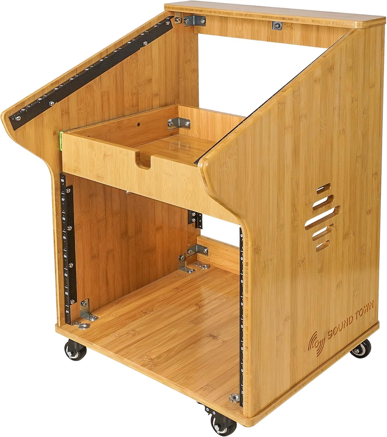 Sound Town DIY Solid Carbonized Bamboo Studio Rack with 11U Slant Mixer Top, 8U Front, 2U Drawer, Rubber Feet, Casters, for Recording Room, PA/DJ Equipment, Home-Audio (STBR-M11X8)