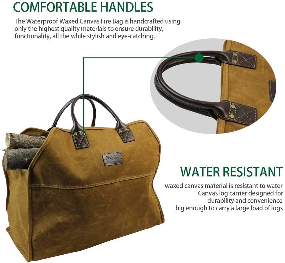 Heavy Duty Wax Canvas Log Carrier Tote and Patented Smokeless Fire Bowl Pit