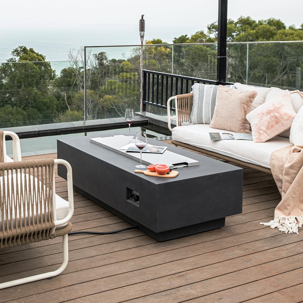 Elementi Granville Dark Grey Fire Pit Bundle Includes 60” Propane Concrete Firepit Table, Glass Windscreen, Stainless Steel Cover, Tank&Canvas Cover, Floor Mat and Beverage Tub