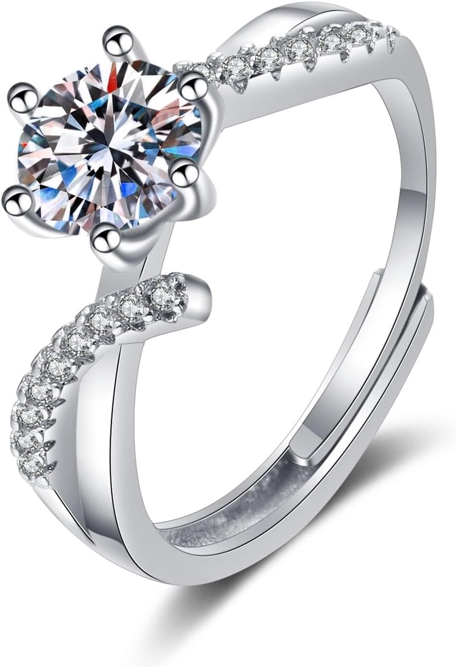 18K White Gold Ring Wedding Band, Woman Rings Moissanite 6 Claws Silver Jewelry for Engagement