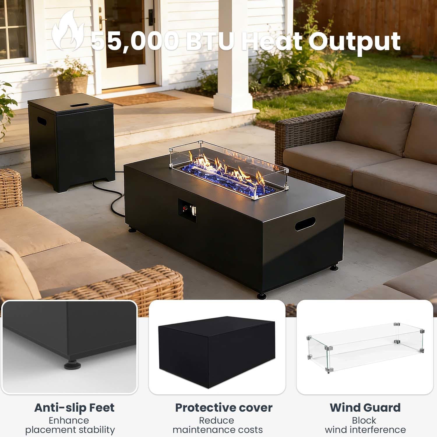 42 Inch Gas Fire Pit Table, 55,000 BTU Propane Fire Pits for Outside with Aluminum Lid and Waterproof Cover, 2 in 1 Firepit Table
