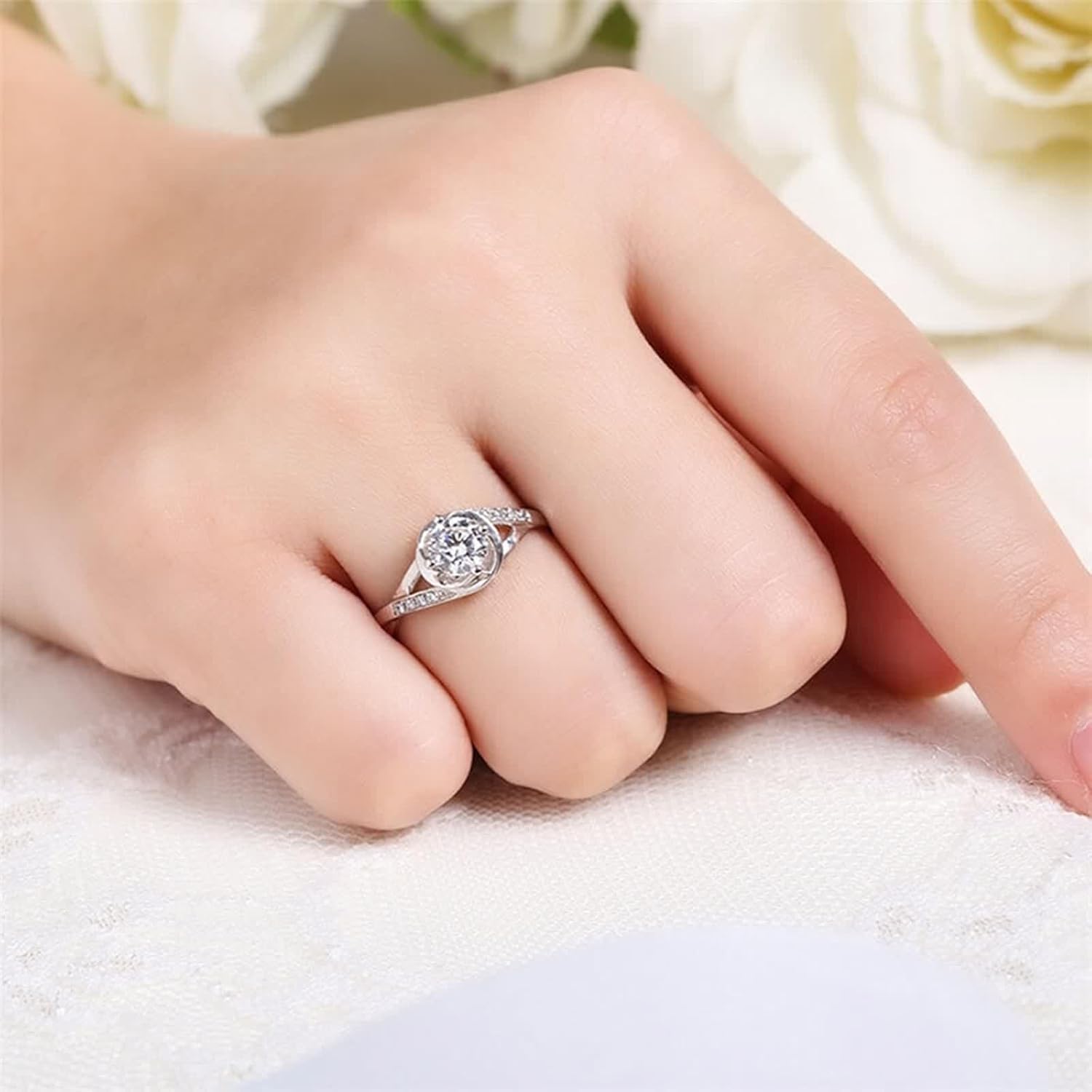 18K White Gold Ring for Women, Engagement Ring Lab Diamond 4 Prongs Silver Jewelry Birthday Gift for Her