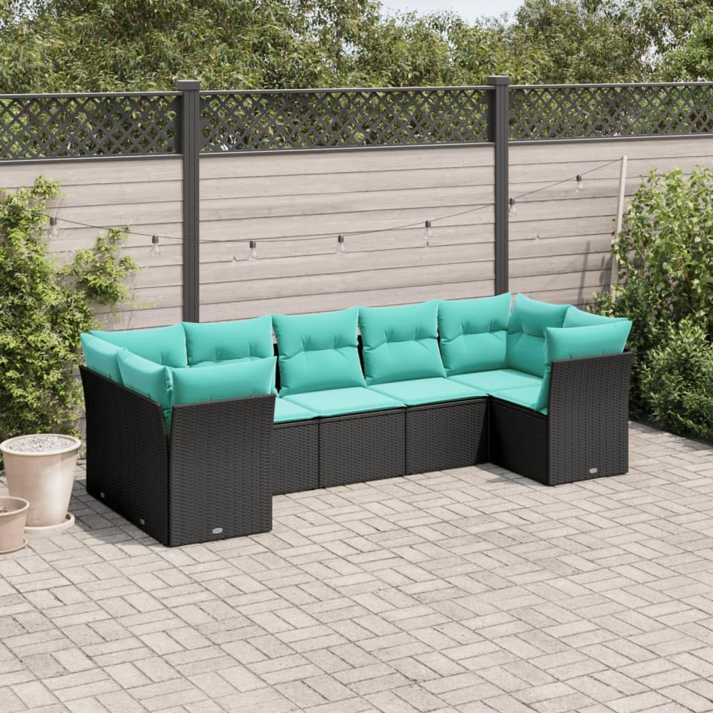 Garden Sofa Set Black, Blue PE Rattan, Steel Frame, Polyester Cushions, 7-Piece Modular Outdoor Patio Furniture for Backyard, Terrace