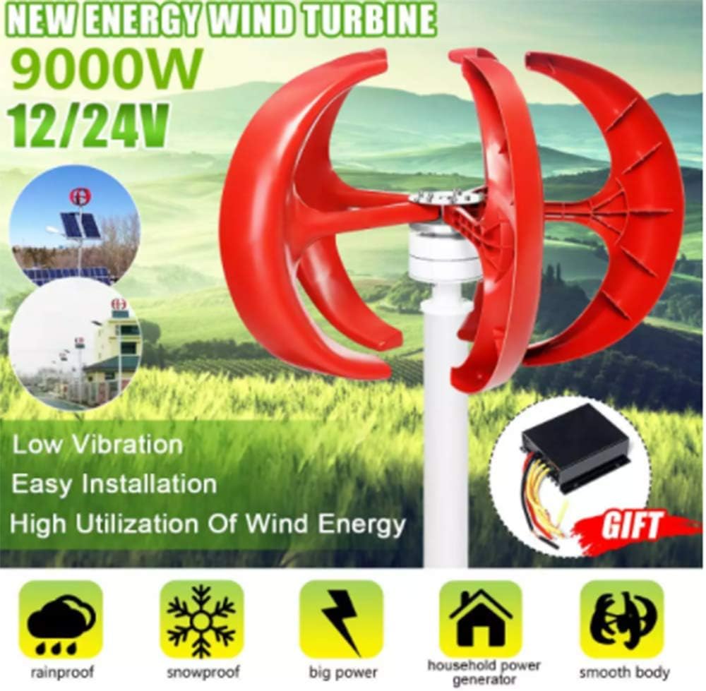 Red 9000W 5 Blades Vertical Axi Wind Turbines Generator Lantern 12V 24V Motor Kit Electromagnetic for Home Streetlight Use,12v