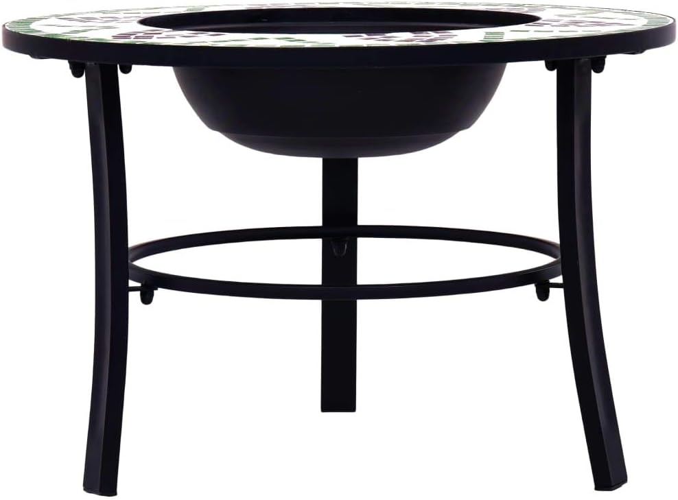 Mosaic Fire Pit Green 26.8 Inch Ceramic Outdoor Patio Heater with Tabletop, Steel Fire Bowl & BBQ Grill for Garden Backyard, 3-Leg Stand, Decorative Warmth