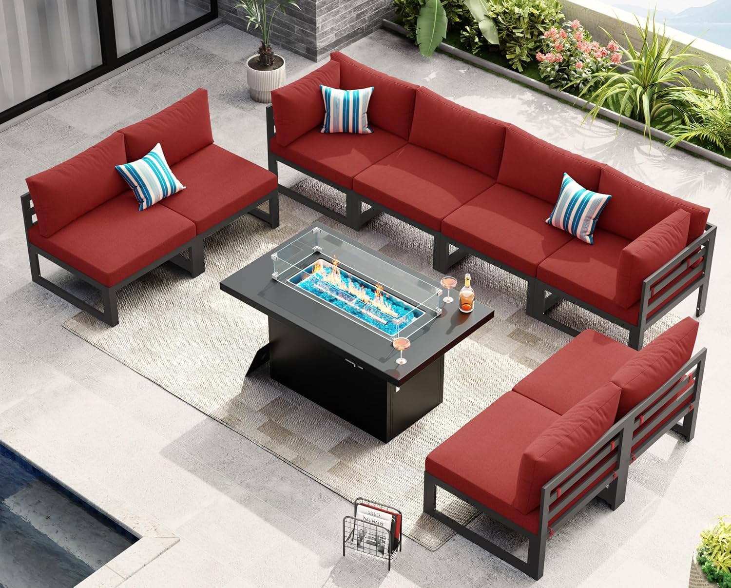 NICESOUL 9 Pcs Modern Aluminum Outdoor Patio Furniture Set with Fire Pit Table Propane/Gas, 29