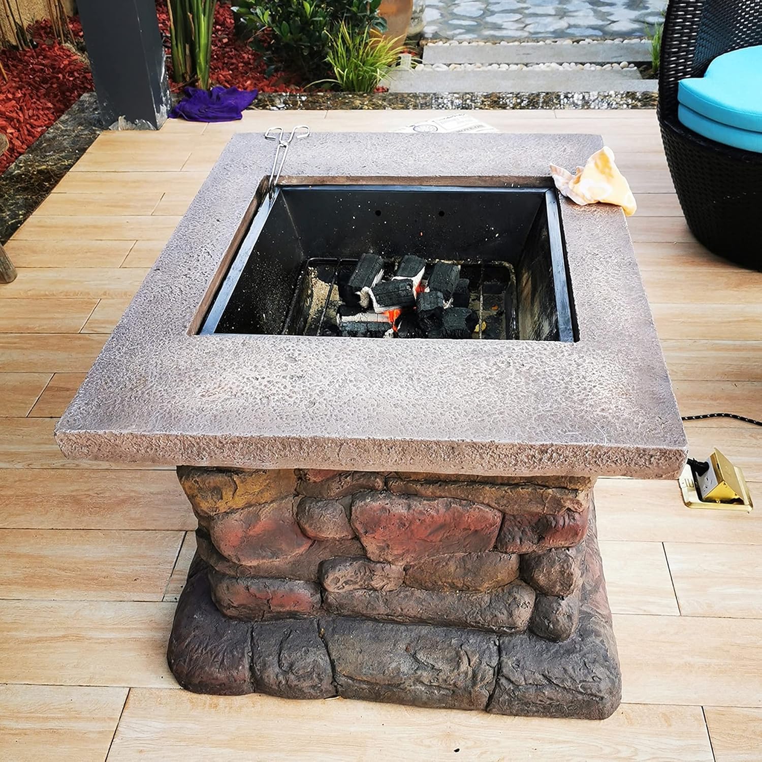 Fire Pit Table Set w/Spark Screen, Fireplace Poker, Grill Grate, Outdoor Wood Burning Bonfire Firebowl, for Patio,Backyard,Garden,Beach,Camping,Picnic