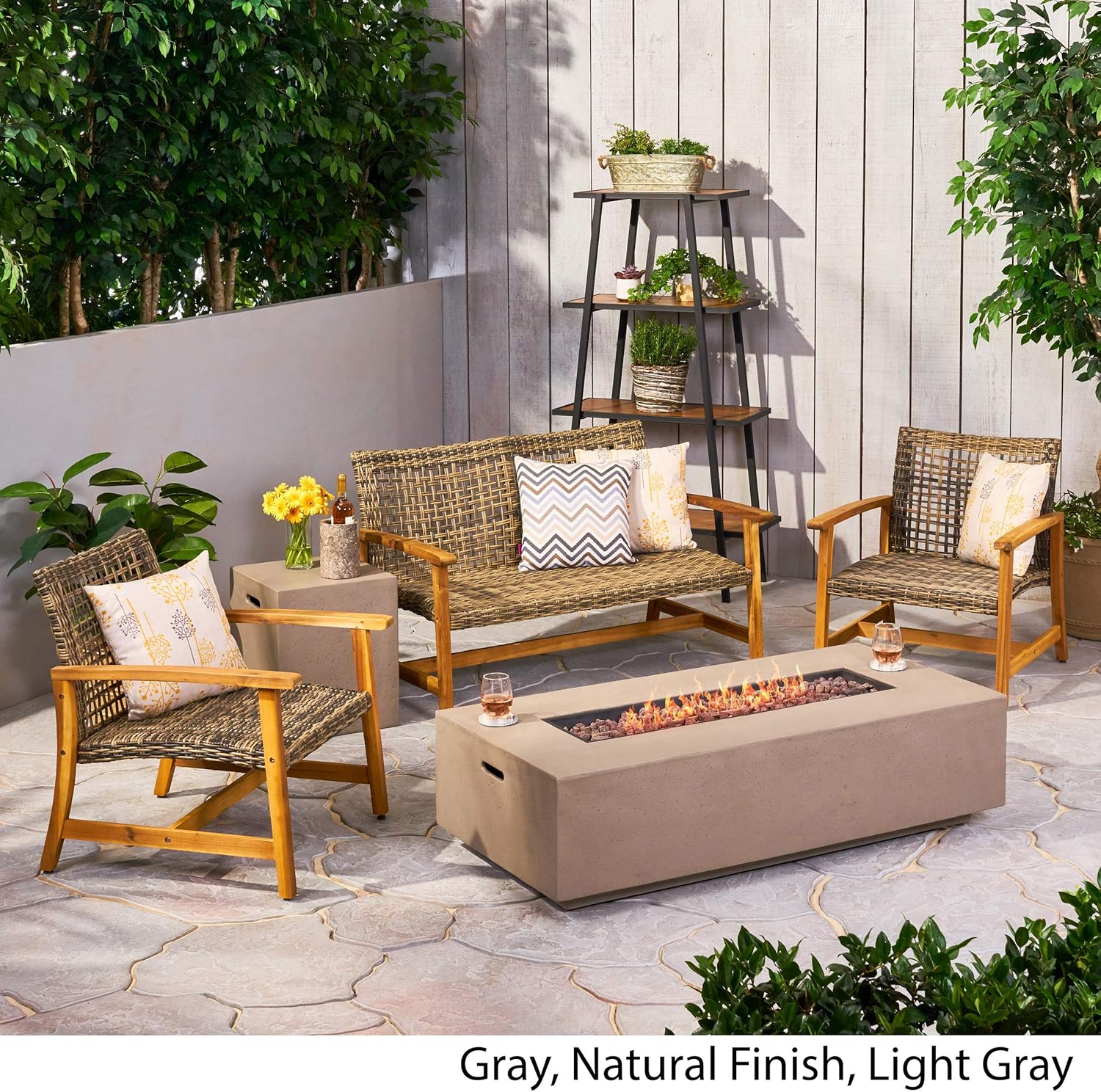Great Deal Furniture GDFStudio Outdoor 5 Piece Wood and Wicker Chat Set with Fire Pit, Gray and Light Gray