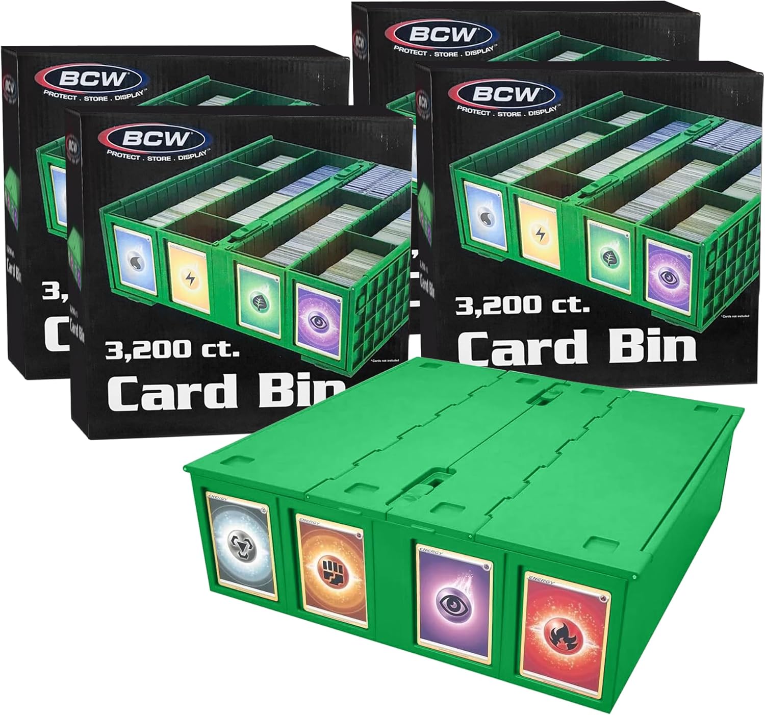 BCW Collectible Card Bin (4-Pack, Green) | Holds 3,200 Cards Each | Includes 4 Dividers Per Bin | Storage for Pokémon, MTG & Sports Cards