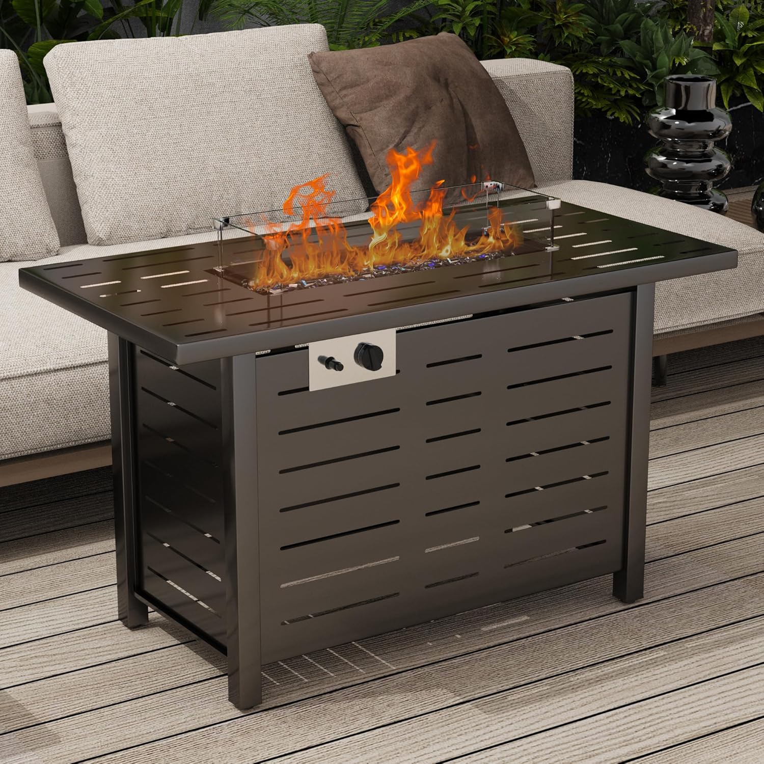 43 Inch Propane Fire Pits, Fire Pit Table, 50,000 BTU Outdoor Gas Fire Pit Included Glass Wind Guard, Steel Lid and Lava Rocks for Patio Garden, Black