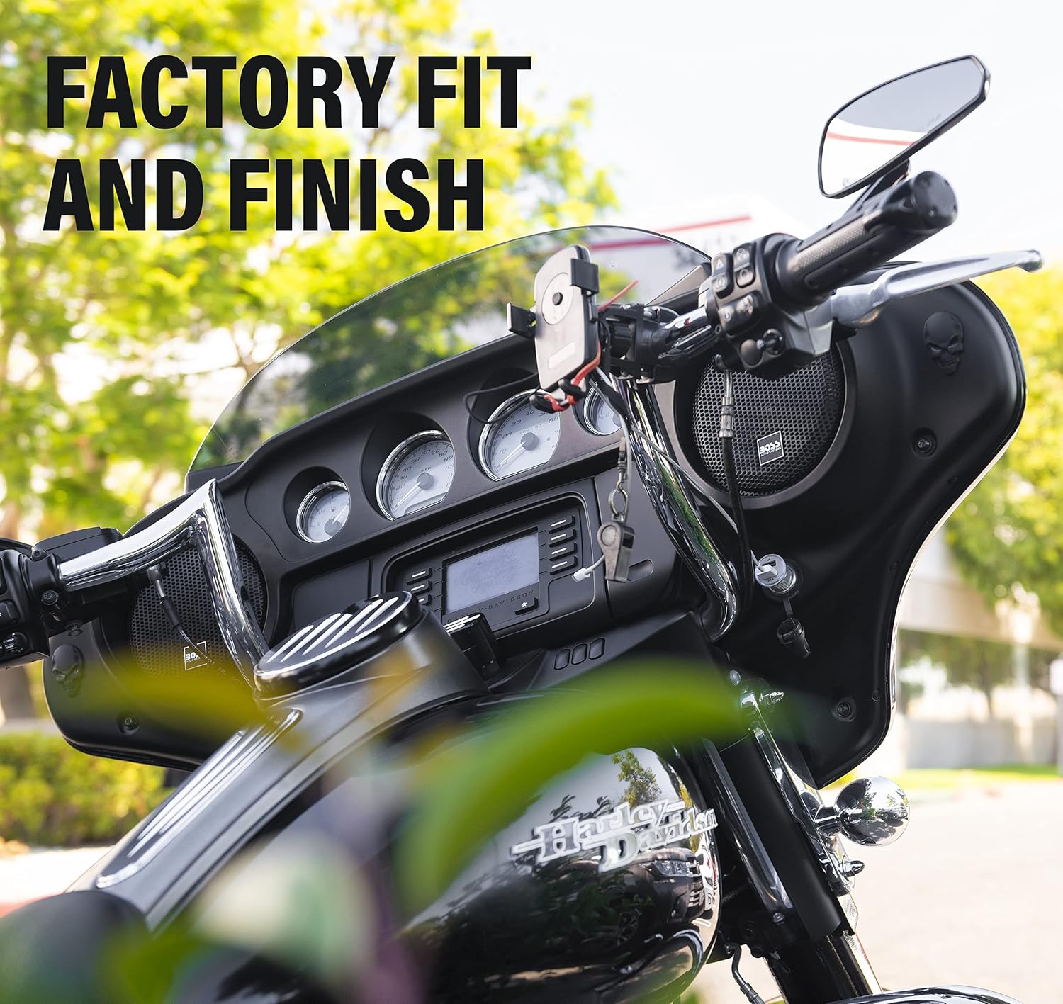 BOSS Audio Systems BHD3F Harley Davidson Bike Front Speakers Kit System – Fits Select 1998+ Electra, Road Glide and Street Glide Motorcycles, 4 Channel Amplifier, 6.5 Inch Full Range 300-Watt Speakers