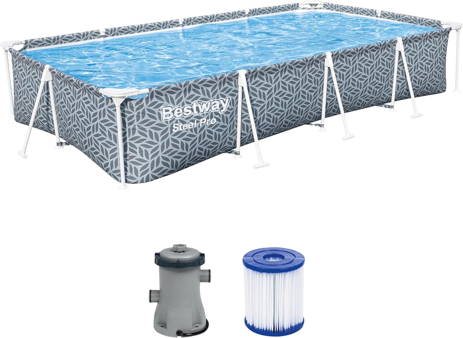 Bestway Steel Pro Frame Swimming Pool with Filter Pump 366 x 201 x 66 cm, Leaf Design, Square