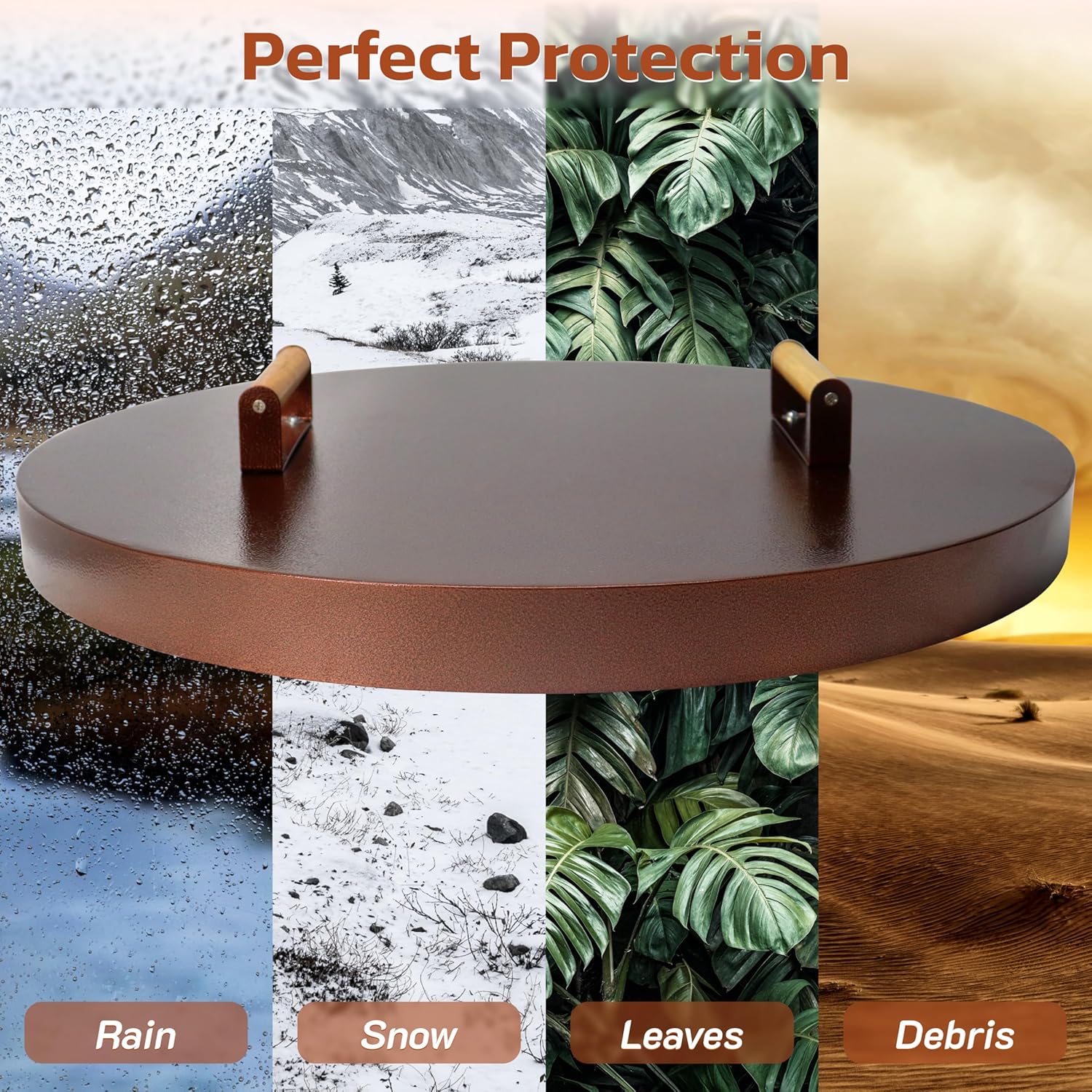 25.5” firepit lid round for inside up to 23” gas fire pit lid for Outdoor Fireplace Cover Lid Steel fire pit metal cover W/ Wooden Handle & Bronze Coated Snuffer Lid for Round Patio Fire Pit Ring