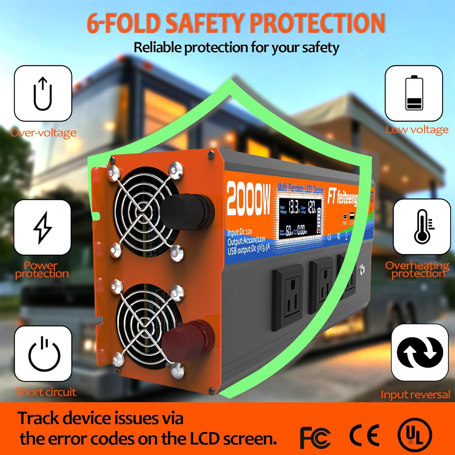 2000W Power Inverter 12v DC to 110v 120v AC with Remote 3 AC Outlets, USB Port, Dual Smart Fans, Cables Included LCD Display Power Inverter for Vehicle for Rv Truck Camping & Home Emergency Use